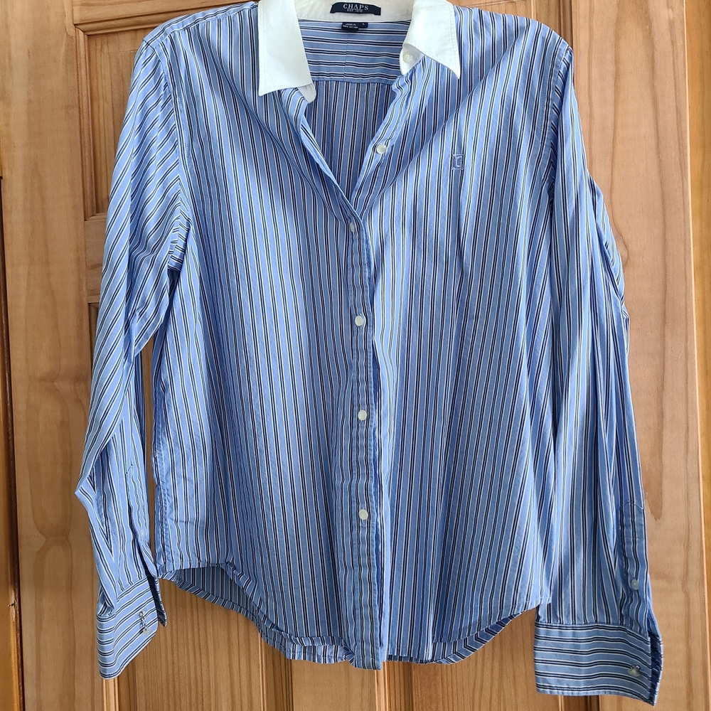 Chaps Blue and Grey Striped Blouse